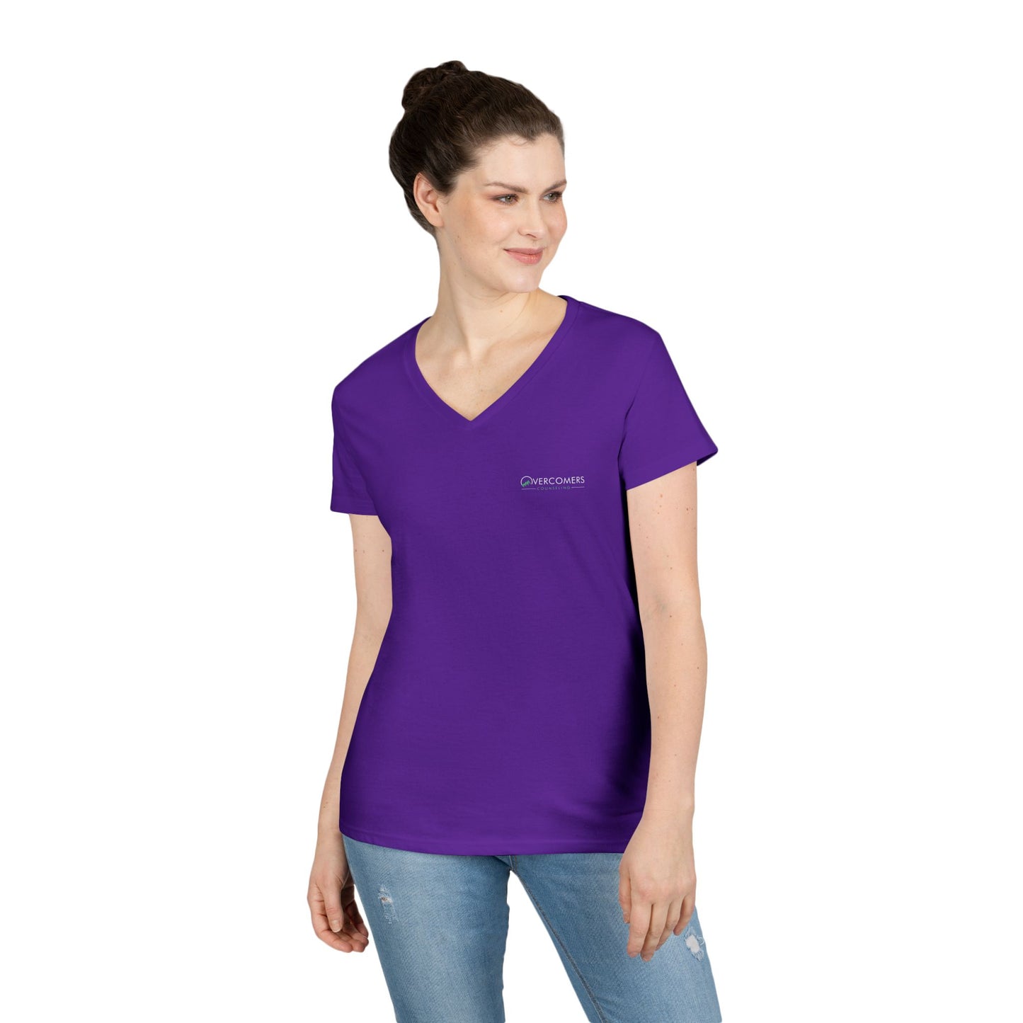 Overcomers V-Neck T-Shirt — Minimal Coral Ladies' Tee