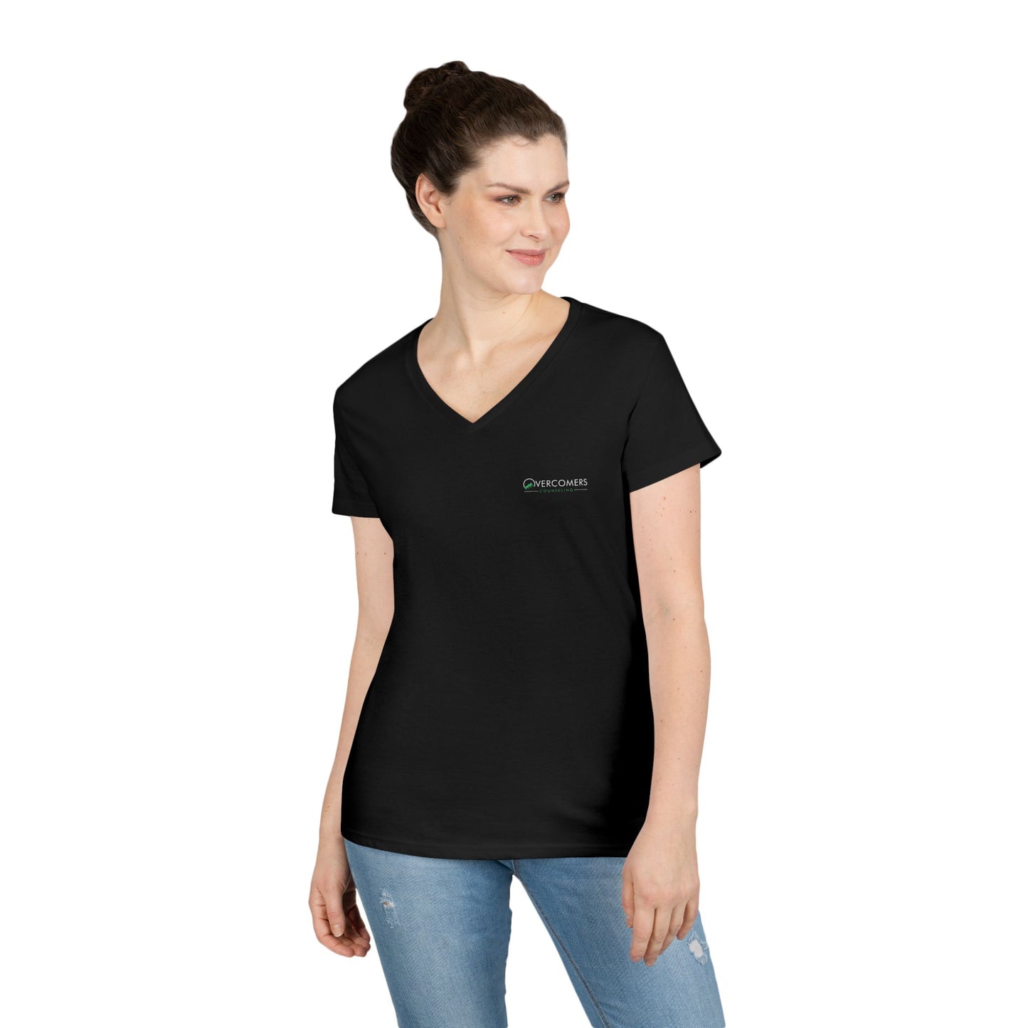 Overcomers V-Neck T-Shirt — Minimal Coral Ladies' Tee