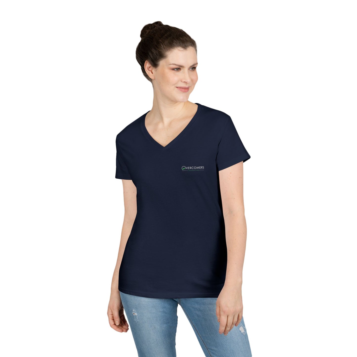 Overcomers V-Neck T-Shirt — Minimal Coral Ladies' Tee