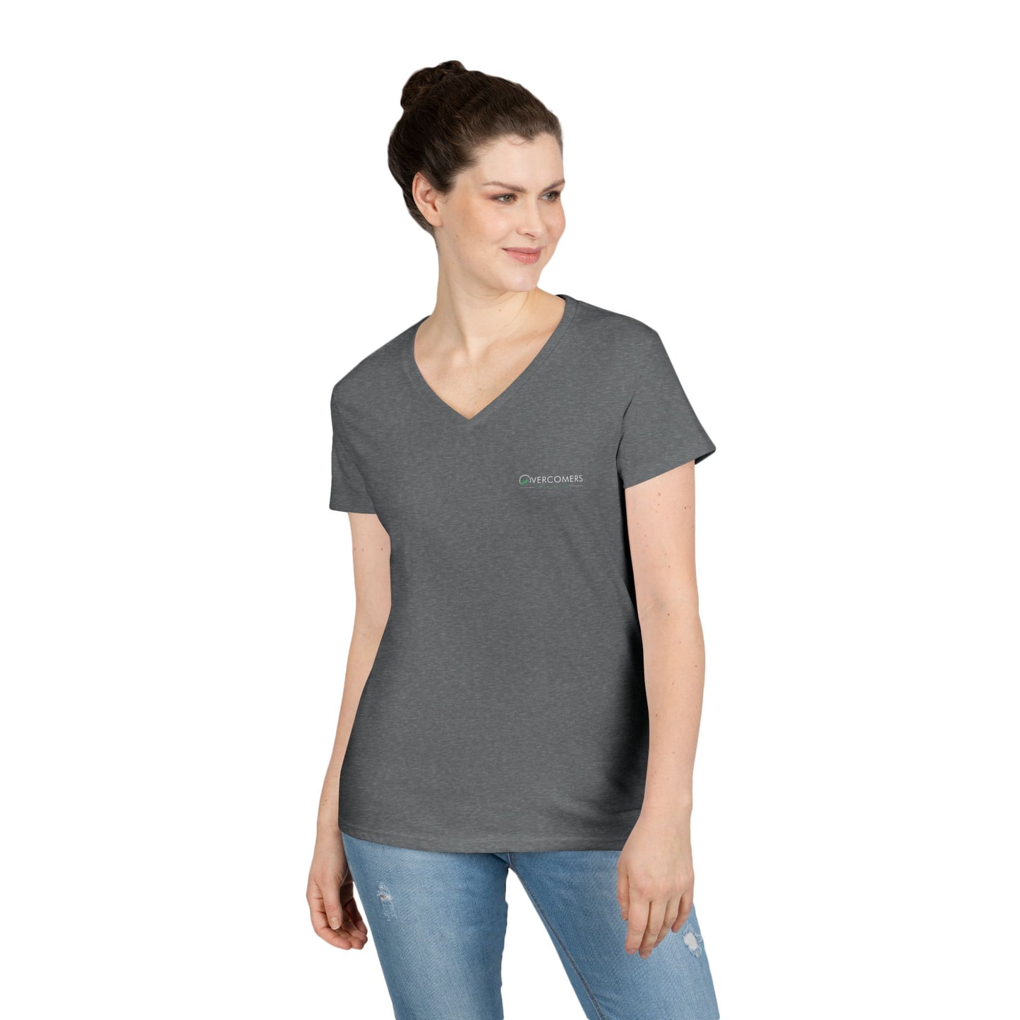 Overcomers V-Neck T-Shirt — Minimal Coral Ladies' Tee
