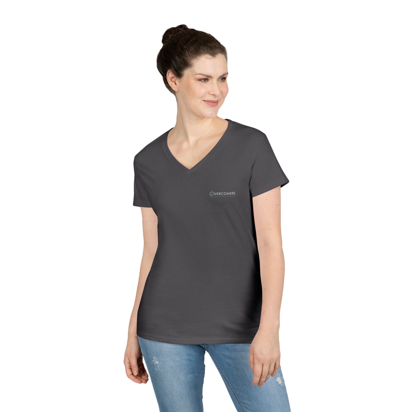 Overcomers V-Neck T-Shirt — Minimal Coral Ladies' Tee