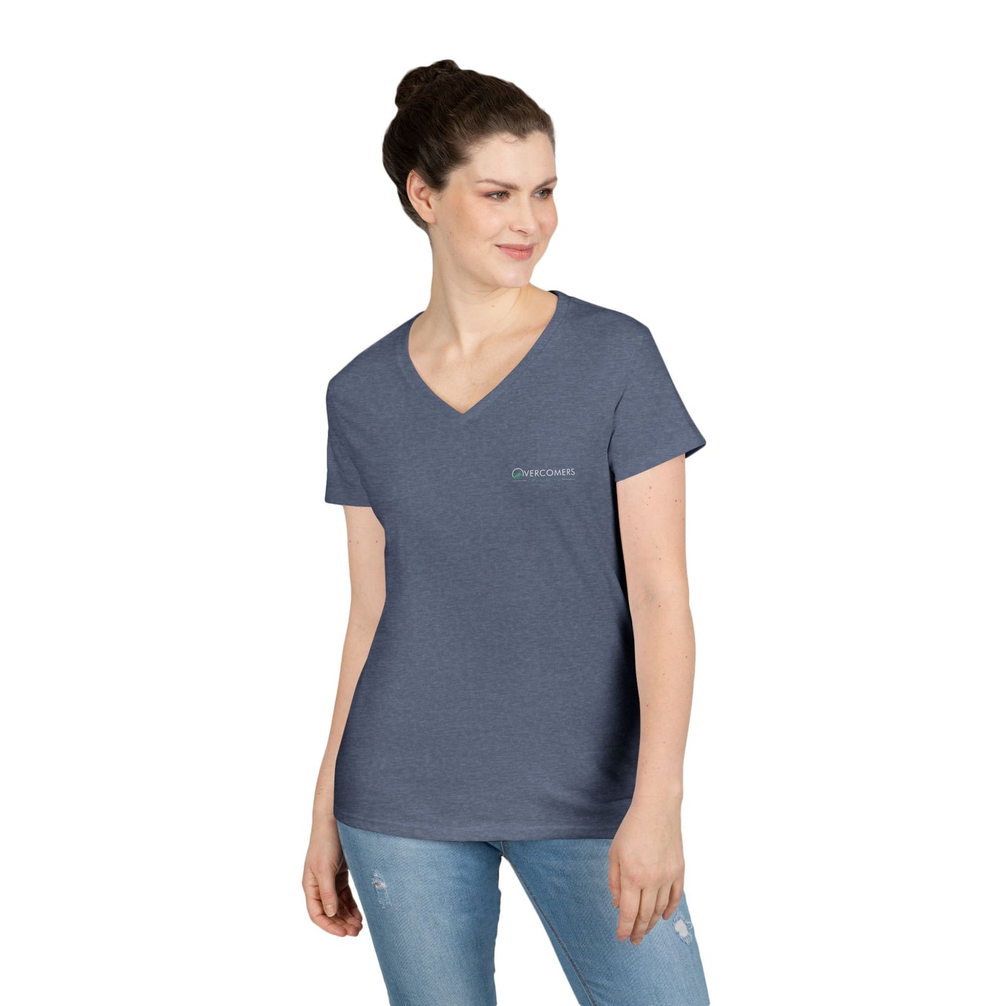 Overcomers V-Neck T-Shirt — Minimal Coral Ladies' Tee