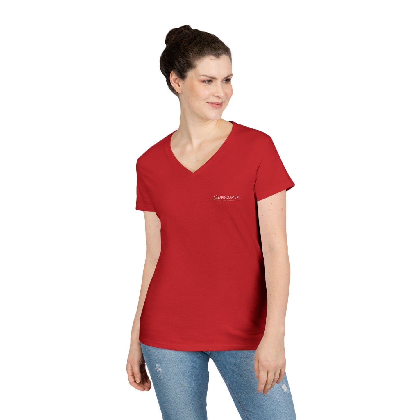 Overcomers V-Neck T-Shirt — Minimal Coral Ladies' Tee
