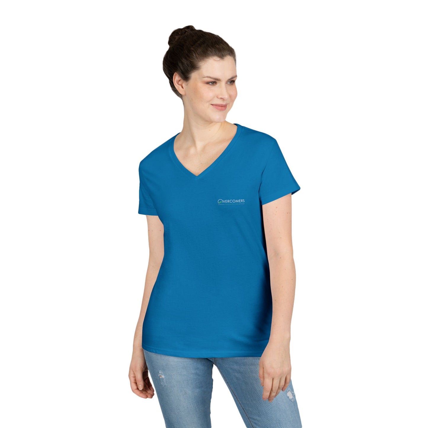 Overcomers V-Neck T-Shirt — Minimal Coral Ladies' Tee